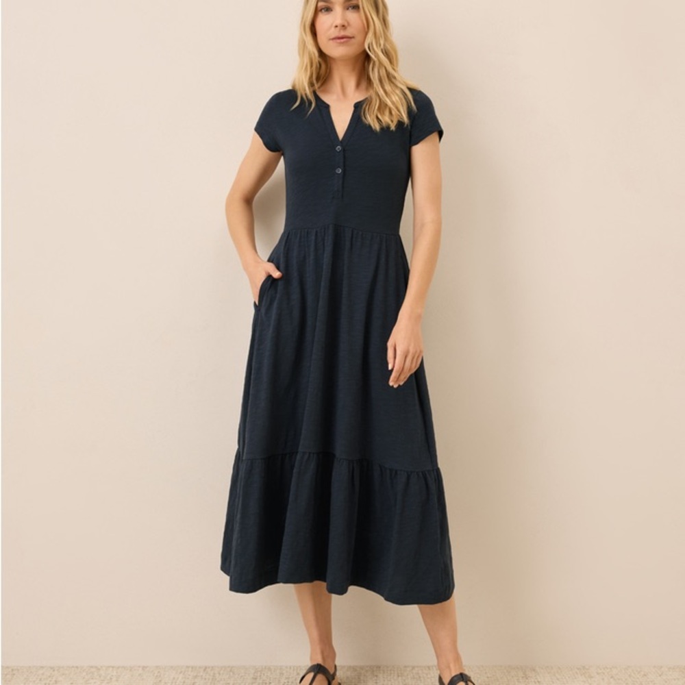 Pact Women's Midnight Blue Relaxed Slub Henley Market Dress L
